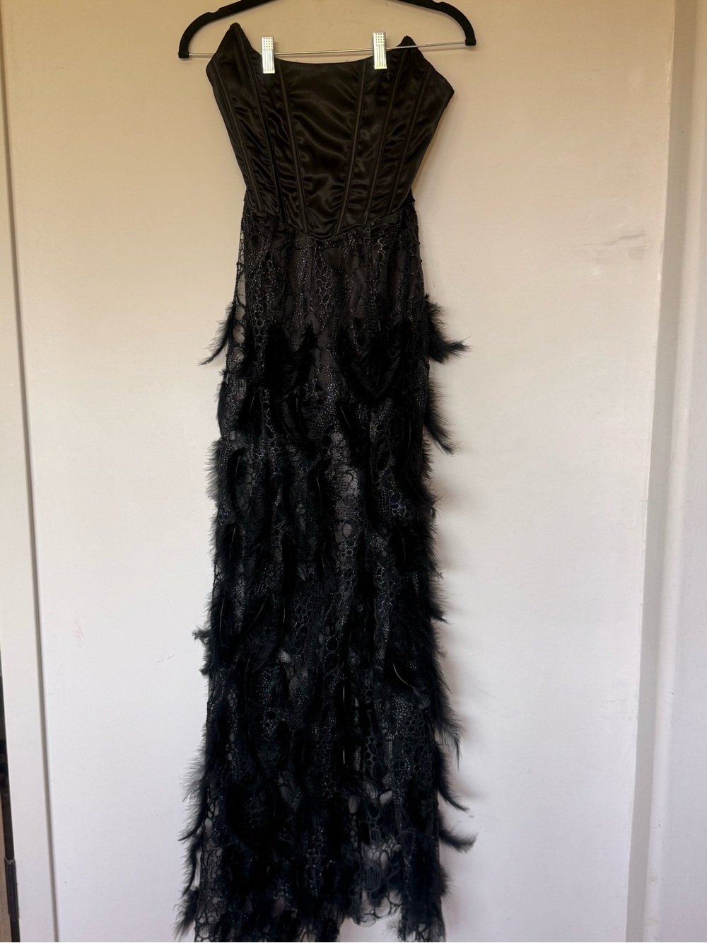Black Strapless Feather-Trim Maxi gown